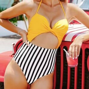 Yellow and Stripe Lace Up One Piece Swimsuit